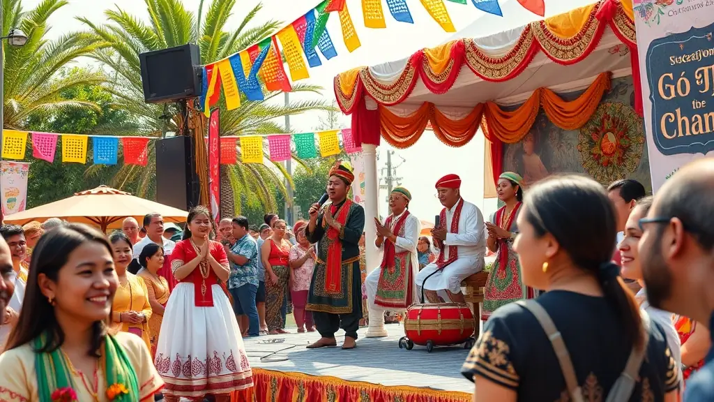A vibrant image of a cultural event hosted by FOYER DU MARIN B.A.N., featuring music, dance, and traditional food.