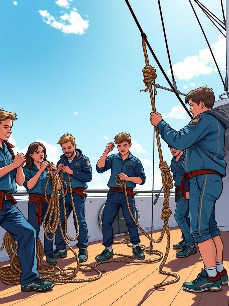 A group of sailors participating in a knot-tying workshop at FOYER DU MARIN B.A.N., demonstrating teamwork and skill-building.