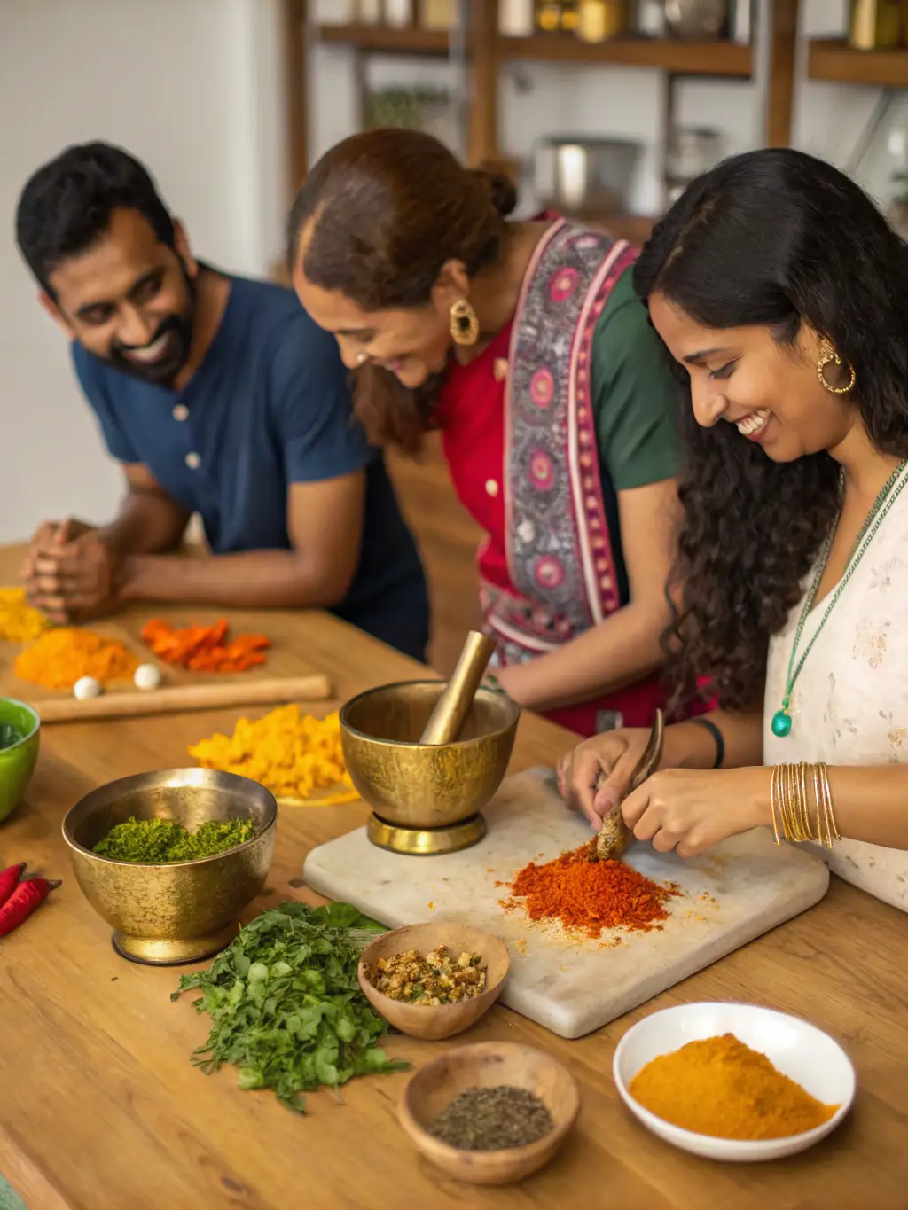 A diverse group of people engaged in a cooking class at FOYER DU MARIN B.A.N., learning to prepare international dishes and sharing cultural experiences.