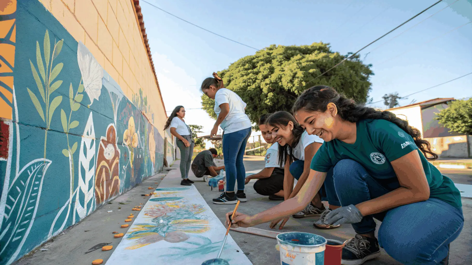 A photo of volunteers working together to renovate the organization's building, showing community support and collaboration.