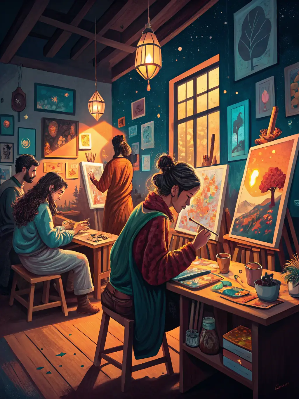 An image depicting a group of people participating in an art workshop at FOYER DU MARIN B.A.N., with paintbrushes and artwork visible.