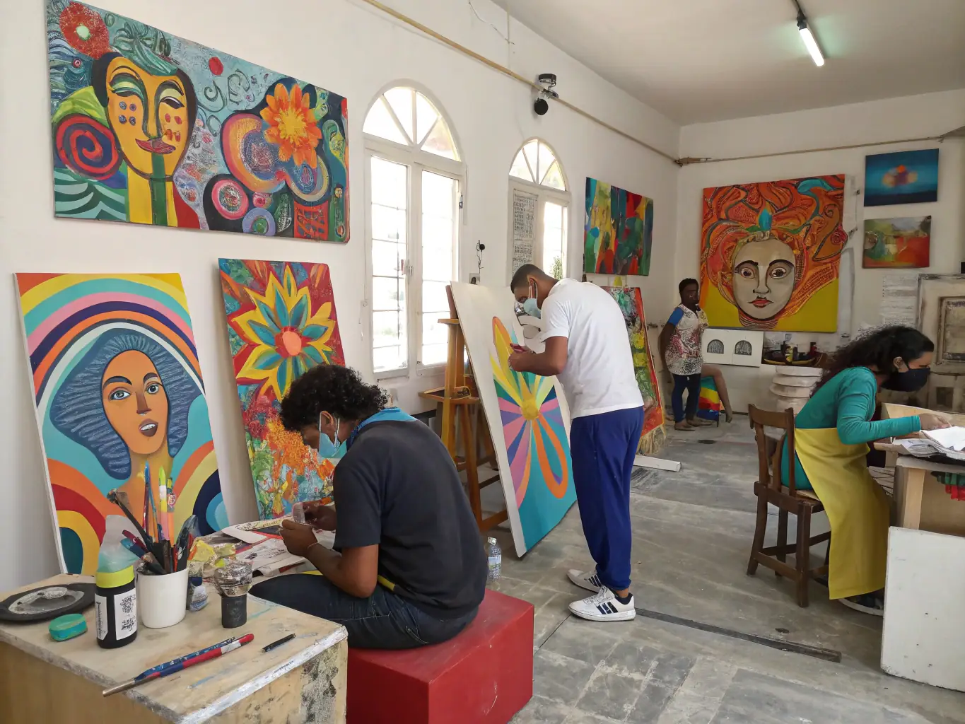 A photograph of an art workshop at FOYER DU MARIN B.A.N., with participants creating artwork and engaging in creative expression.
